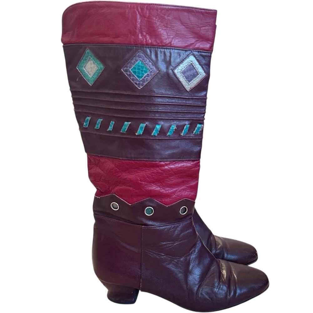 Vintage 80s Vita Mori Burgundy Geometric Western Revival Art Deco Leather‎ Boots